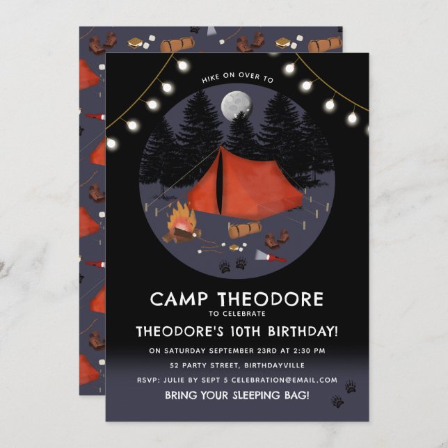 Invitación Camping Outdoor Adventure Campfire Fiesta de cumpl (Anverso / Reverso)