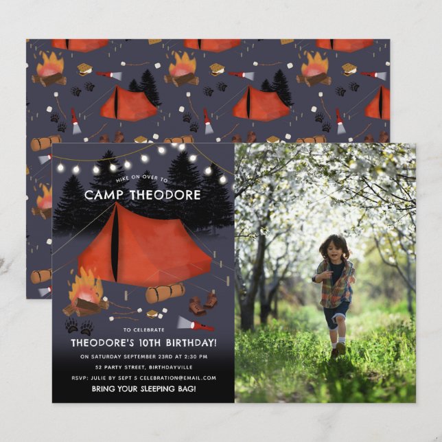 Invitación Camping Outdoor Adventure Campfire Foto de cumplea (Anverso / Reverso)