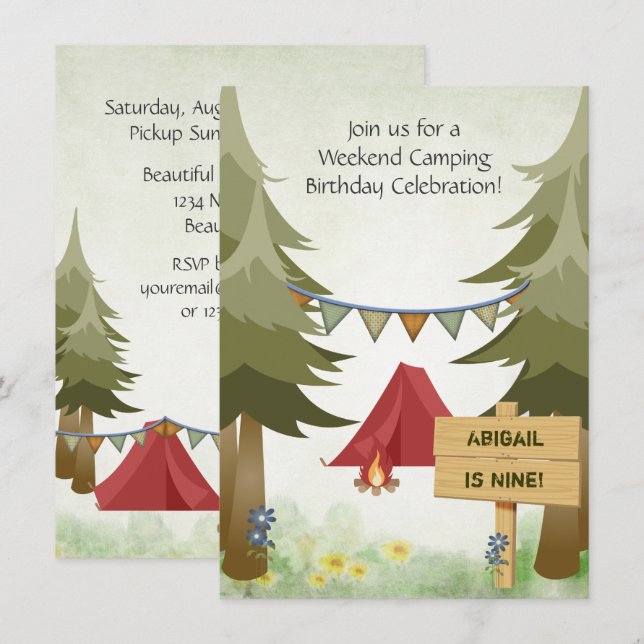 Invitación Camping personalizado Tents Red Woodland Birday (Anverso / Reverso)