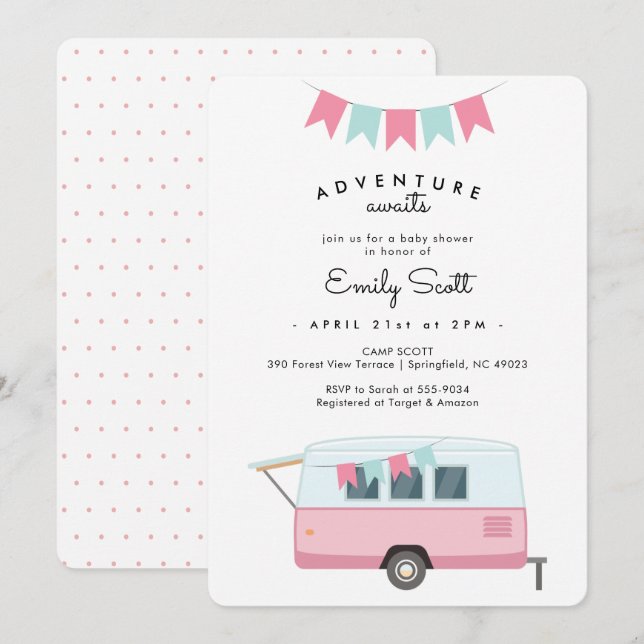 Invitación Camping Pink Adventure espera Baby Shower (Anverso / Reverso)