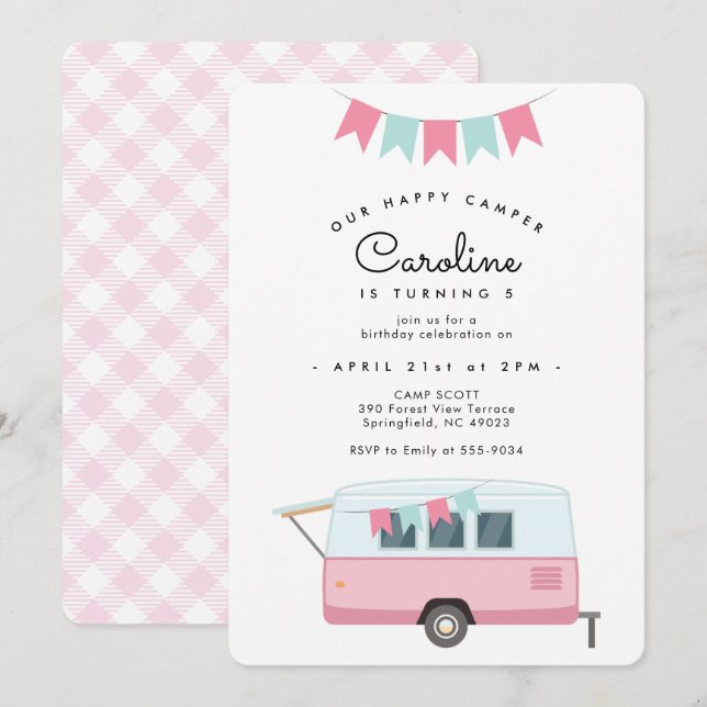 Invitación Camping Rosa Cute Camping Feliz Cumpleaños (Anverso / Reverso)