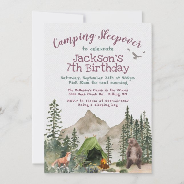 Invitación Camping Sleepover Woodland Forest Birday Party I (Anverso)