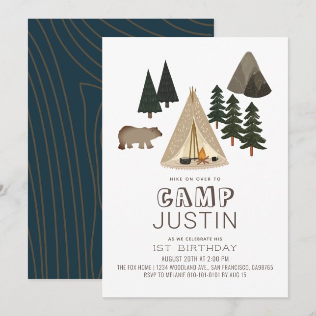 Invitación Camping Tent Bear Boy 1er cumpleaños (Anverso / Reverso)