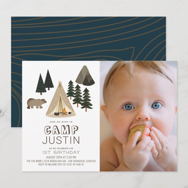 Invitación Camping Tent Bear Boy foto de primer cumpleaños (Anverso / Reverso)