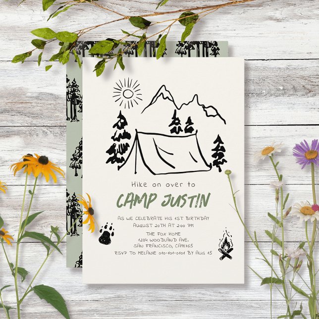 Invitación Camping Tent dibujado a mano Montaña Boy 1er cumpl (Subido por el creador)