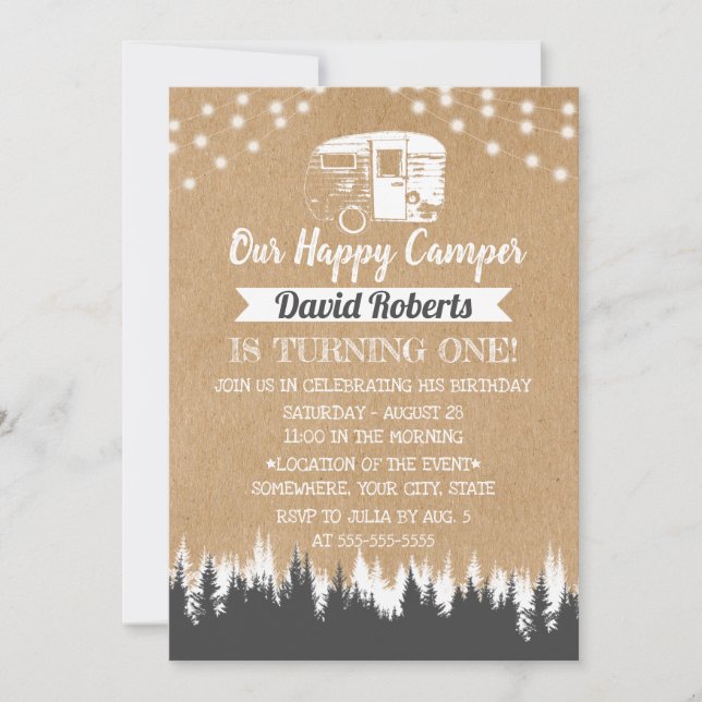 Invitación Camping Trailer Feliz cumpleaños de Kraft rústico (Anverso)