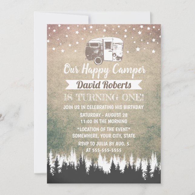 Invitación Camping Trailer Feliz Cumpleaños Rústico de Camper (Anverso)