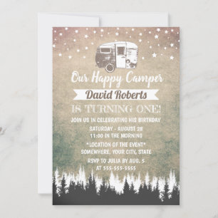 Invitación Camping Trailer Feliz Cumpleaños Rústico de Camper