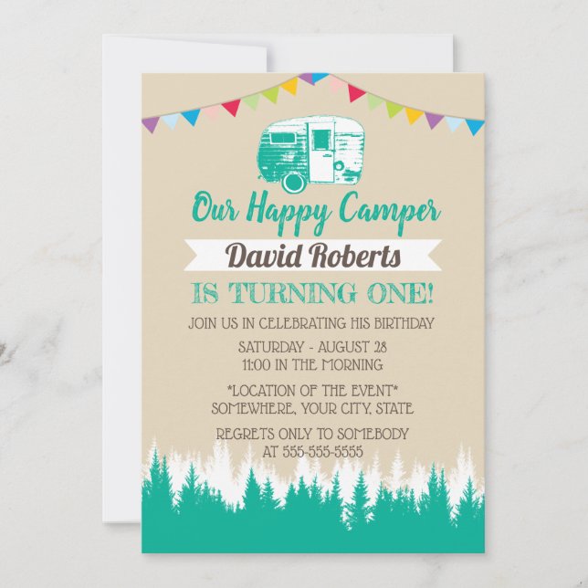 Invitación Camping Trailer Happy Camper Cumpleaños (Anverso)
