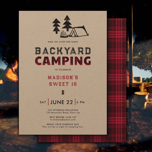 Invitación Camping trasero Fiesta al aire libre rojo felpa 16 (backyard camping sweet 16 birthday party invitation outdoor adventure camp fire rustic red plaid)