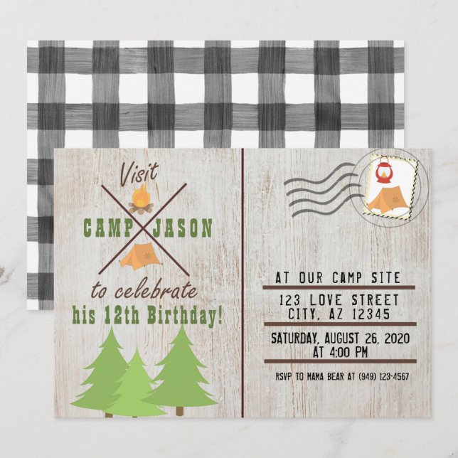 Invitación Camping Wood Flannel Plaid Post Card Cumpleaños (Anverso / Reverso)