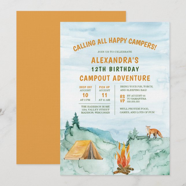 Invitación Camping Woodland Adventure Tent Campday Cumpleaños (Anverso / Reverso)