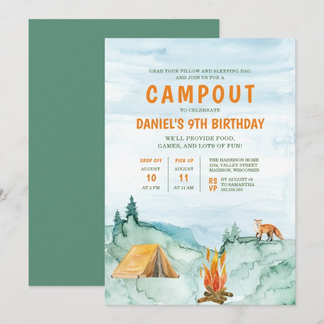 Invitación Camping Woodland Watercolor Tent Campday Cumpleaño (Anverso / Reverso)