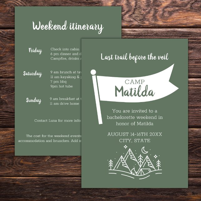 Invitación Campo Bachelorette Forest Green Weekend Itinerary (Camp bachelorette invitation forest green camp flag lake mountain woods outdoor bachelorette)