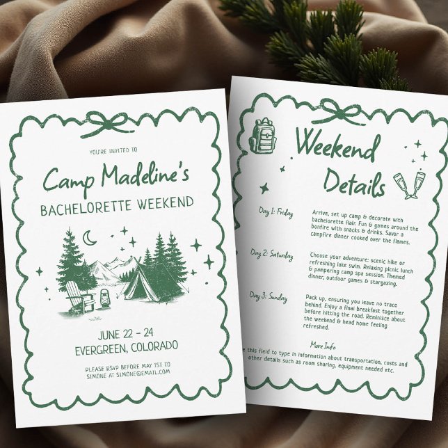 Invitación Campo Bachelorette Green Bow Camping Itinerario (camp bachelorette invitation itinerary camping hiking mountains nature bach glamping)