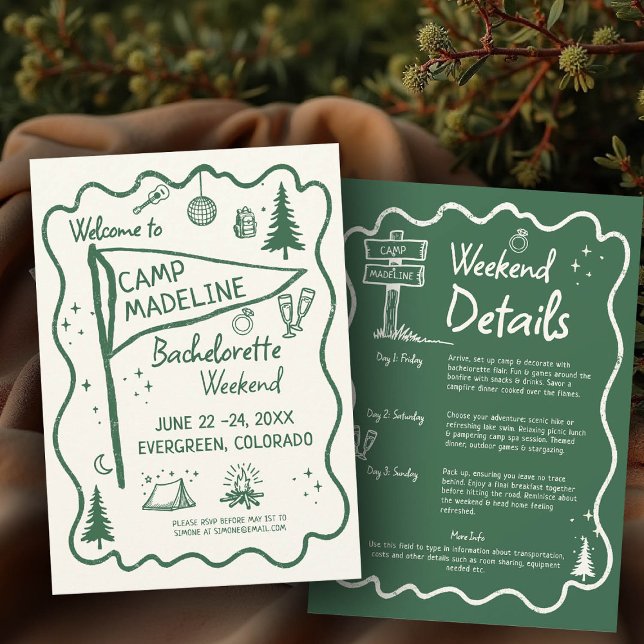 Invitación Campo Bachelorette Green Pennant Camping Itinerari (camp bachelorette invitation itinerary camping hiking mountains bach glamping hand drawn pennant)