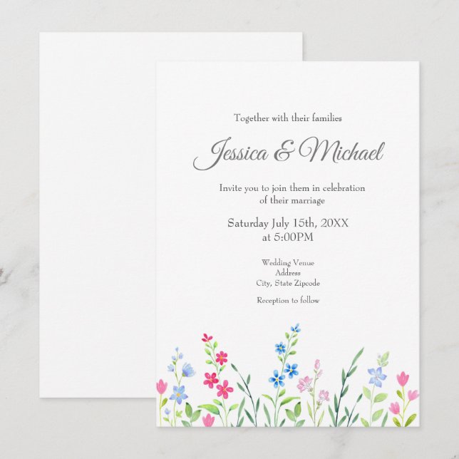 Invitación Campo de flores silvestres de acuarela mixta (Anverso / Reverso)