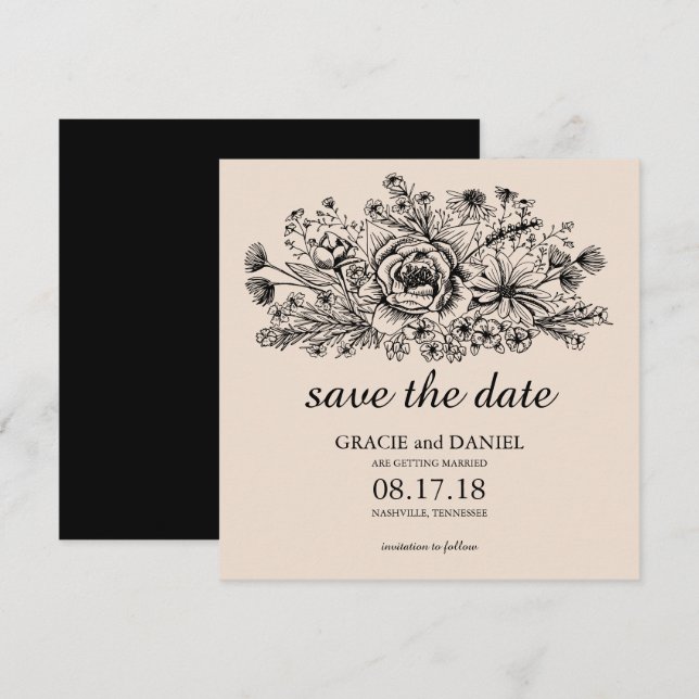 Invitación Campo de flores silvestres dibujadas a mano Grabad (Anverso / Reverso)
