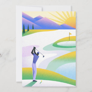 Invitación campo de golf al amanecer con rayos dorados