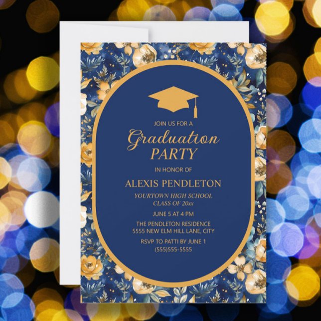 Invitación Campo de graduación de la escuela secundaria flora (Navy blue and gold floral graduation party invitation)