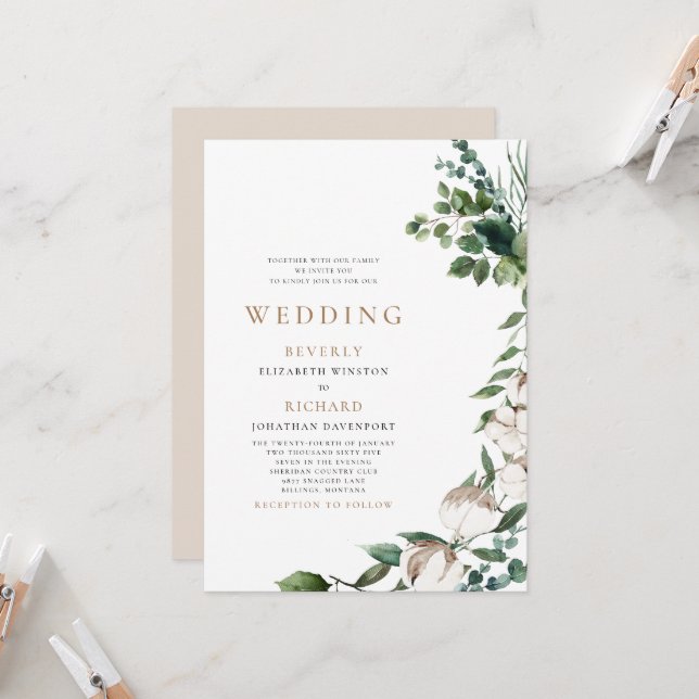 Invitación Campos de Algodón Marrón y Blanco Boda Sin Padres (Anverso/Reverso In Situ)