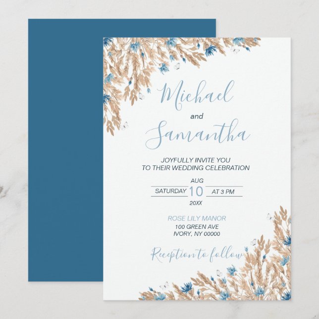 Invitación Campos de boda del país azul pálido (Anverso / Reverso)