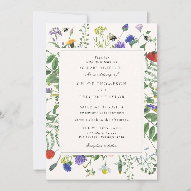 Invitación Campos de flores silvestres y Boda de abejas melíf (Anverso)