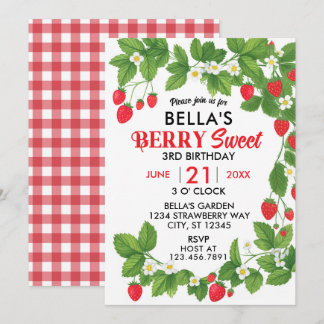 Invitación Campos de Fresa Cumpleaños Dulce Fresa (Rojo/Blanc
