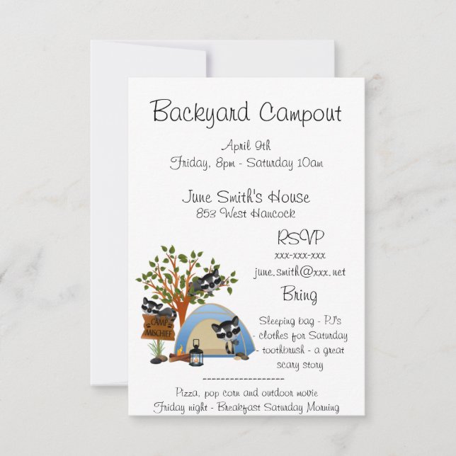 Invitación Campout del patio trasero con el mapache (Anverso)