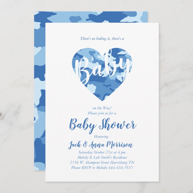 Invitación Camuflaje Blue Camo Baby Shower Country Boy (Anverso / Reverso)