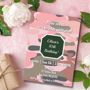Invitación Camuflaje de cumpleaños rosa verde niña linda
