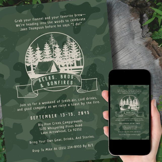 Invitación Camuflaje de la fiesta de bachillerato de camping  (Subido por el creador)