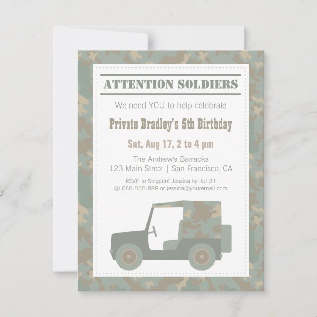 Invitación Camuflaje Militar Cumpleaños Fiesta del Ejército (Anverso)