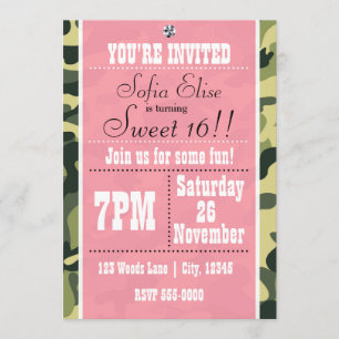Invitación Camuflaje y fiesta de cumpleaños rosada en Camo