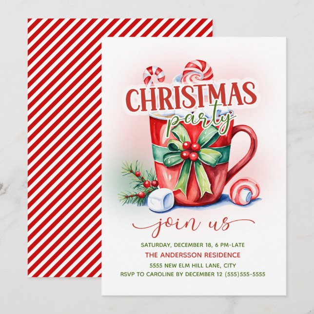 Invitación Caña de Caramelo de Chocolate Caliente Rojo Verde  (Anverso / Reverso)