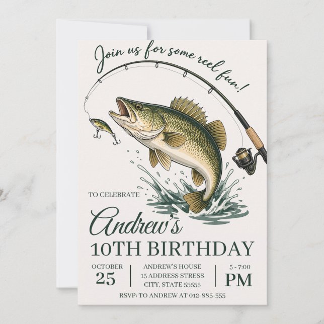 Invitación Caña de Pescar Personalizada para Cumpleaños Diver (Anverso)