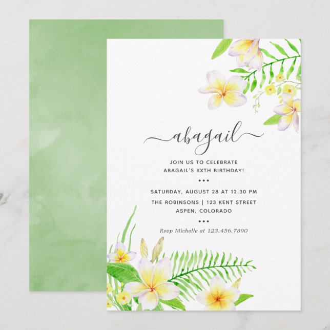 Invitación Canales de agua exóticos Frangipani Cumpleaños Flo (Anverso / Reverso)