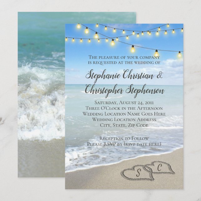Invitación Canales iluminan la boda de la playa de arena (Anverso / Reverso)