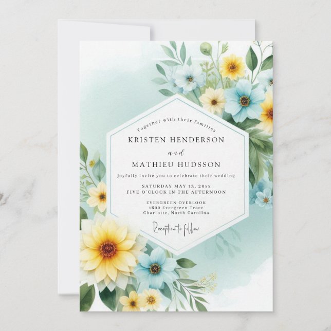 Invitación Canary Teal Painterly Flora Wedding (Anverso)