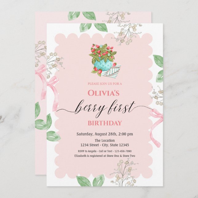 Invitación Canasta acuática Saltos de fresa 1er cumpleaños (Anverso / Reverso)