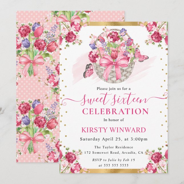 Invitación Canasta Floral Rosa y Mariposas Dulces Dieciséis (Anverso / Reverso)