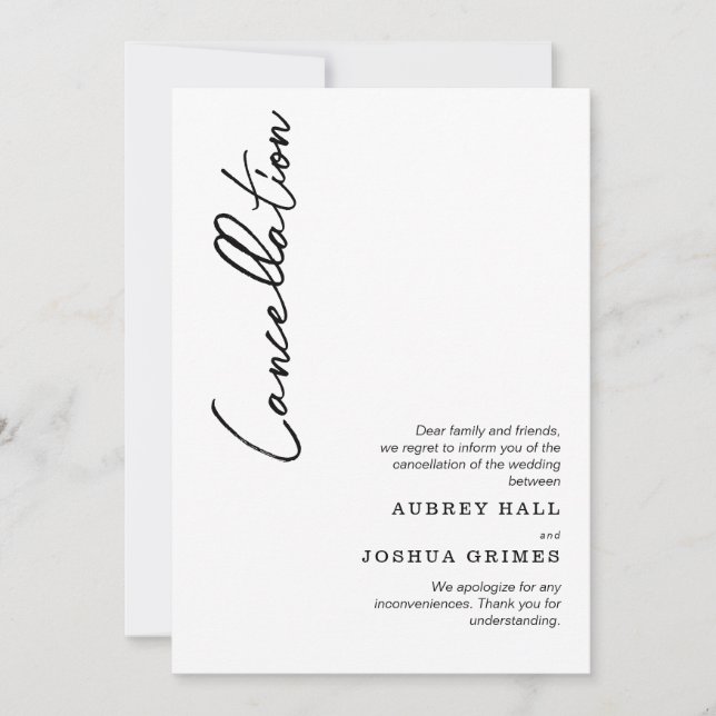 Invitación Cancelación de Boda blanco negro moderno limpio (Anverso)