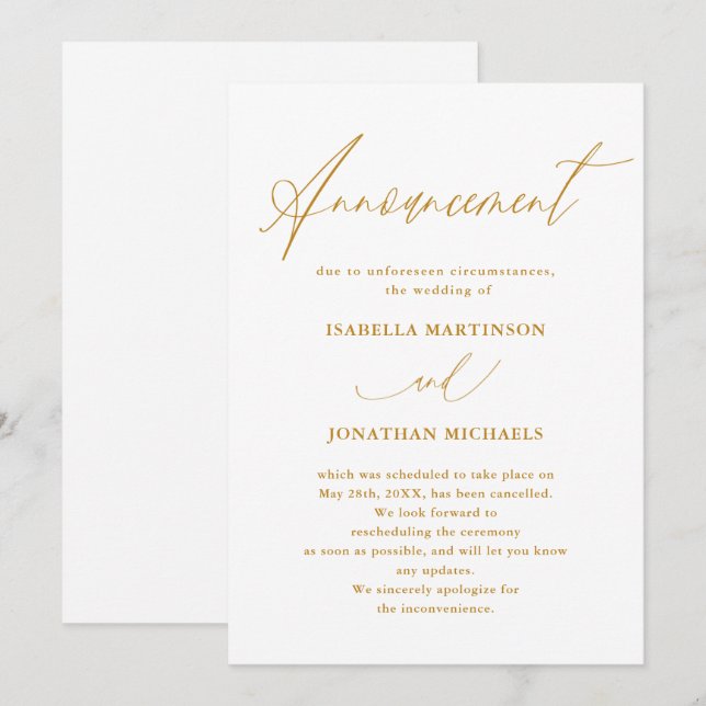 Invitación Cancelación de Boda con Caligrafía de Oro Falso (Anverso / Reverso)