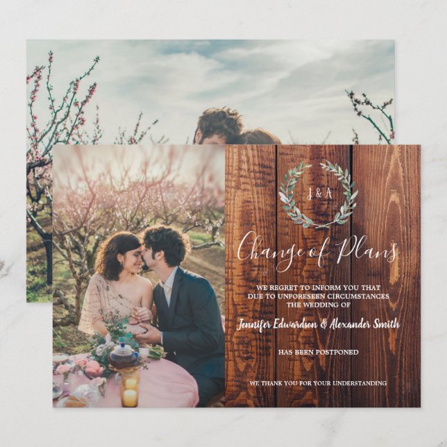 Invitación Cancelación de boda de monograma de hojas rusticas (Anverso / Reverso)