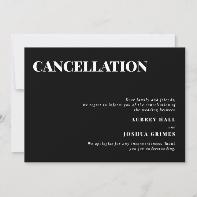 Invitación Cancelación de Boda mínimo de limpieza negra (Anverso)