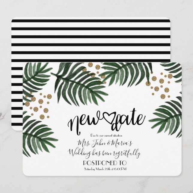 Invitación Cancelación de nueva fecha de boda tropical (Anverso / Reverso)