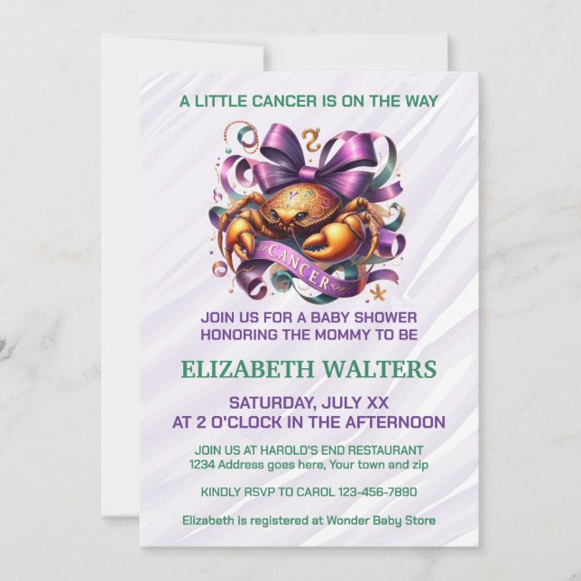 Invitación Cancer Zodiac Baby Shower Lavender and Green (Anverso)