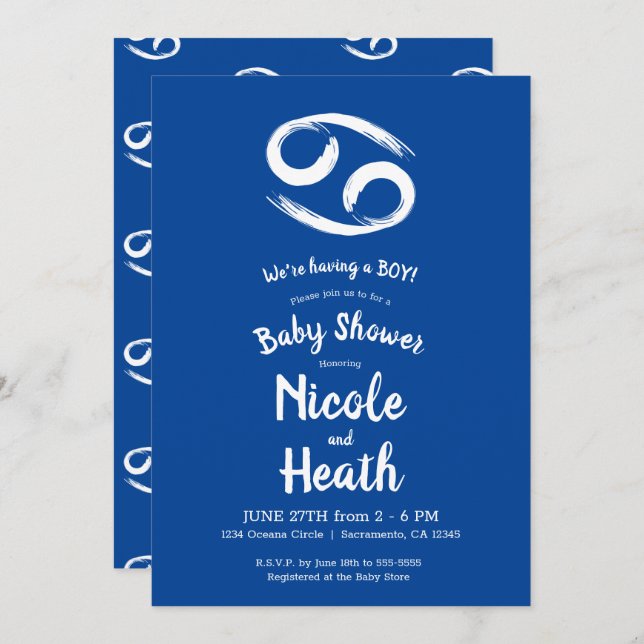 Invitación CANCER Zodiac Junio Astrología Baby Shower (Anverso / Reverso)