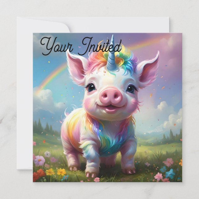 Invitación "Canchas mágicas: el cerdo unicornio arcoiris" (Anverso)