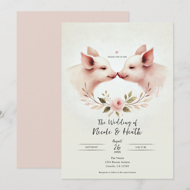 Invitación Canción de cerdos rosados para picar a Boda floral (Anverso / Reverso)